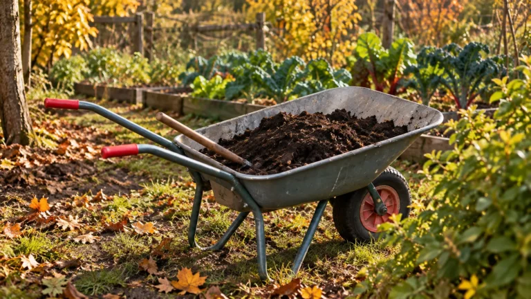Préparer son potager en automne avec une brouette de compost et des cultures potagères.